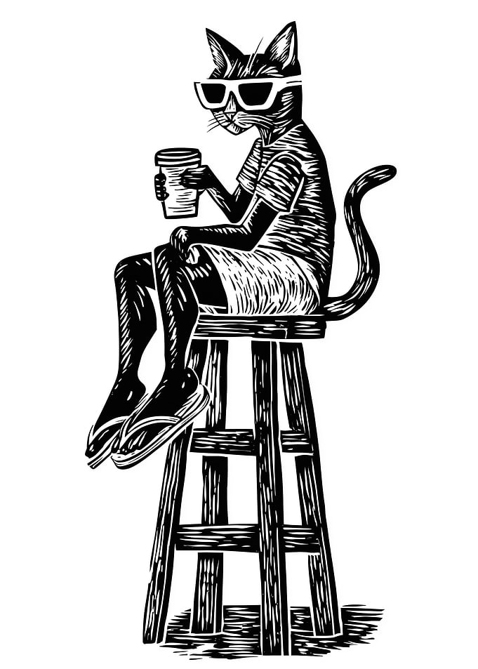 Cool Cat with Coffee on Stool