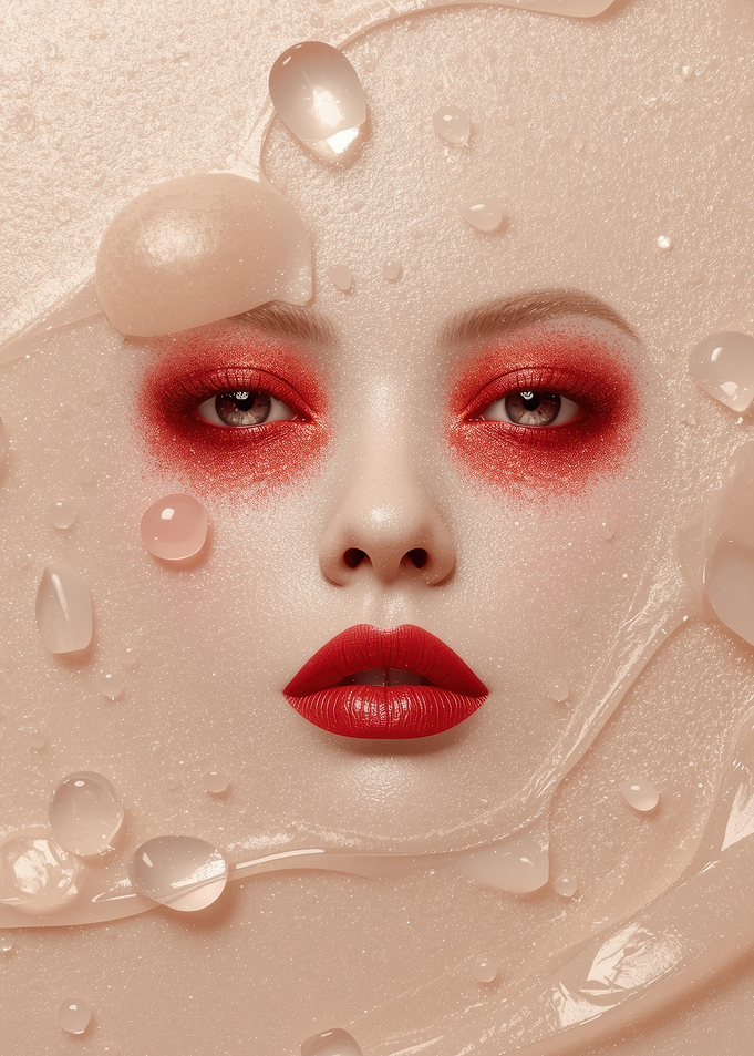 Woman's Face with Red Makeup and Water