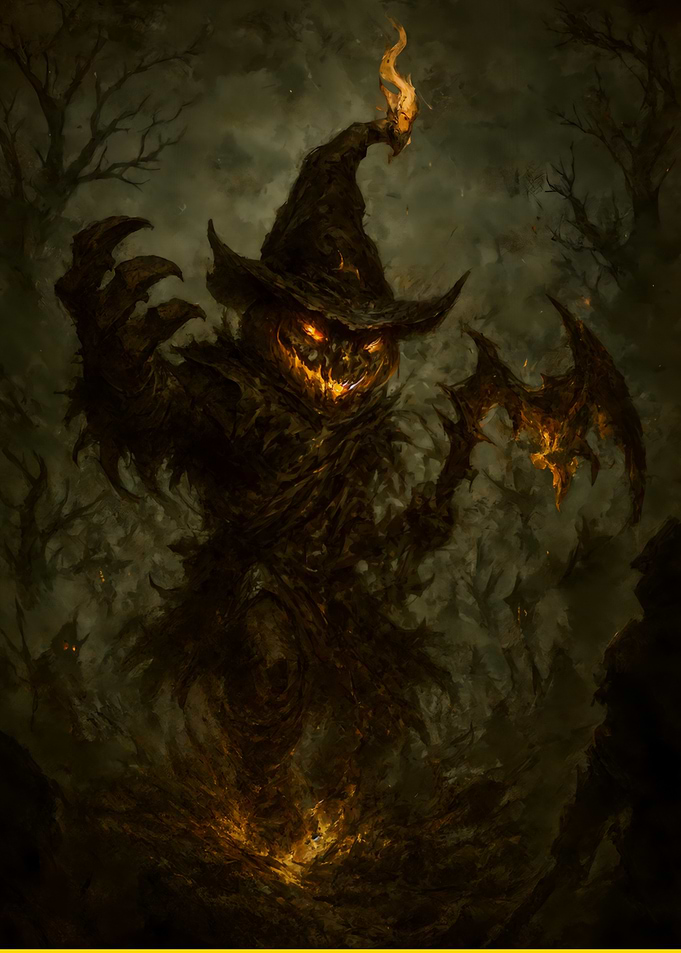 Scary Pumpkin Scarecrow in Dark Forest