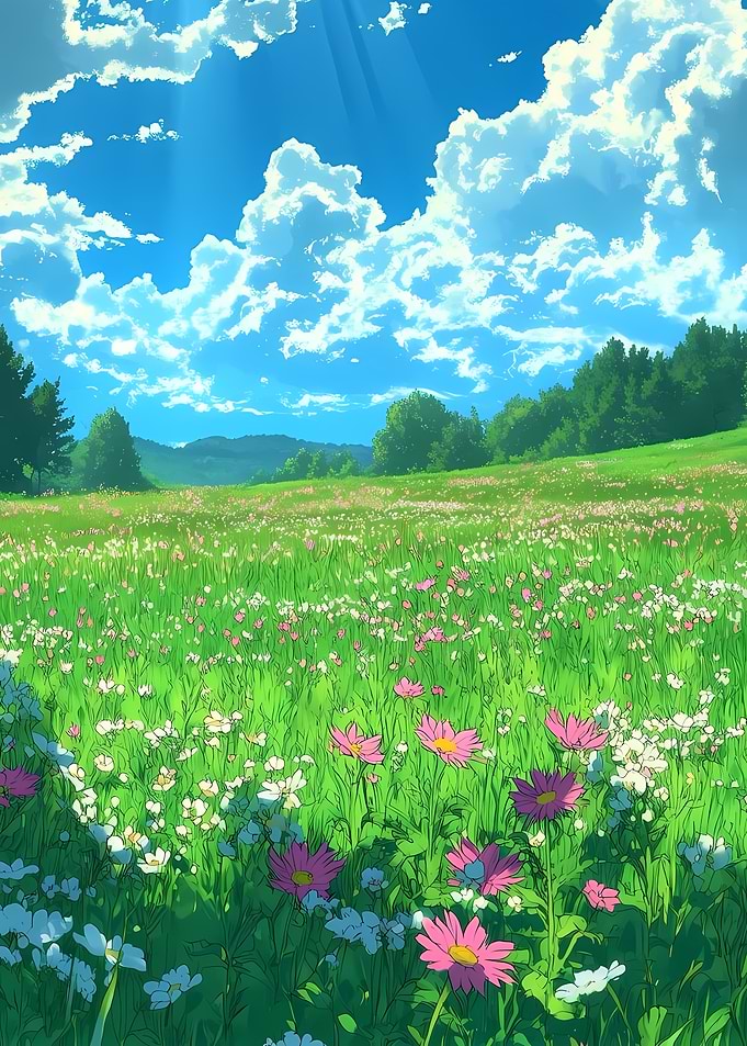 Anime Style Meadow with Flowers
