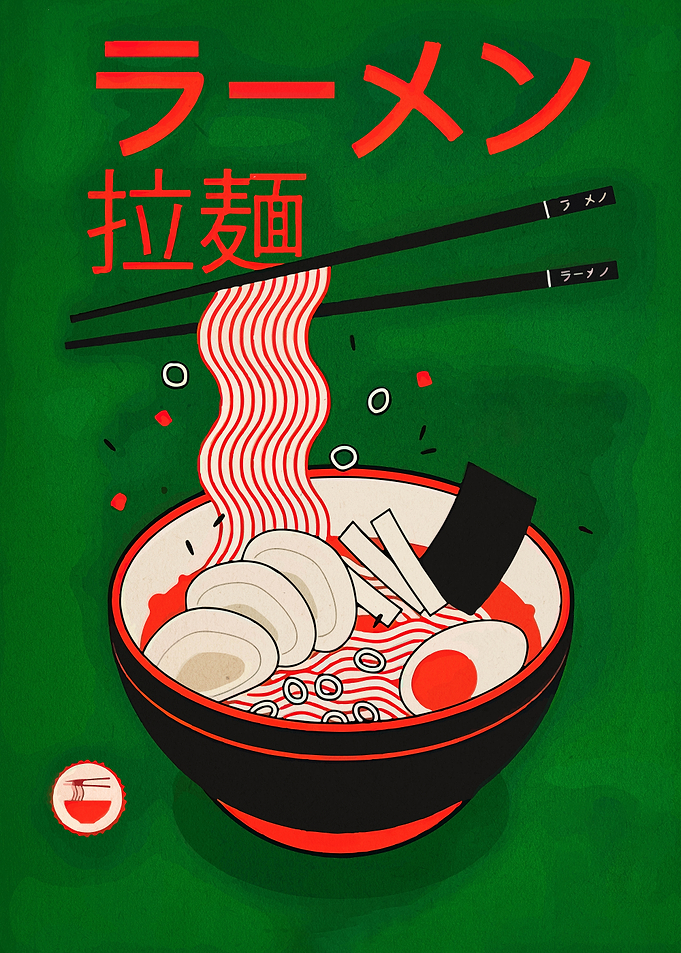 Ramen Bowl Illustration on Green Background