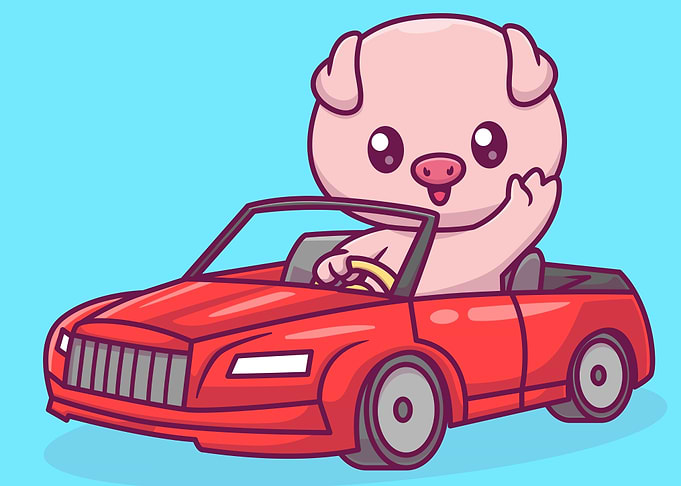 Cartoon Pig Driving a Red Car