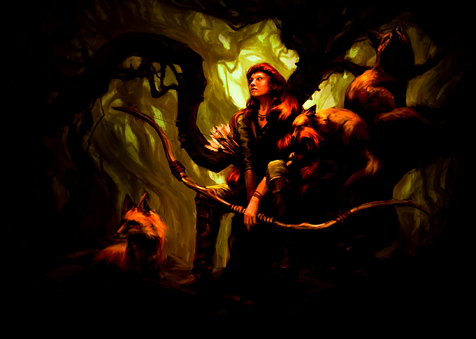 Archer in Dark Forest with Foxes