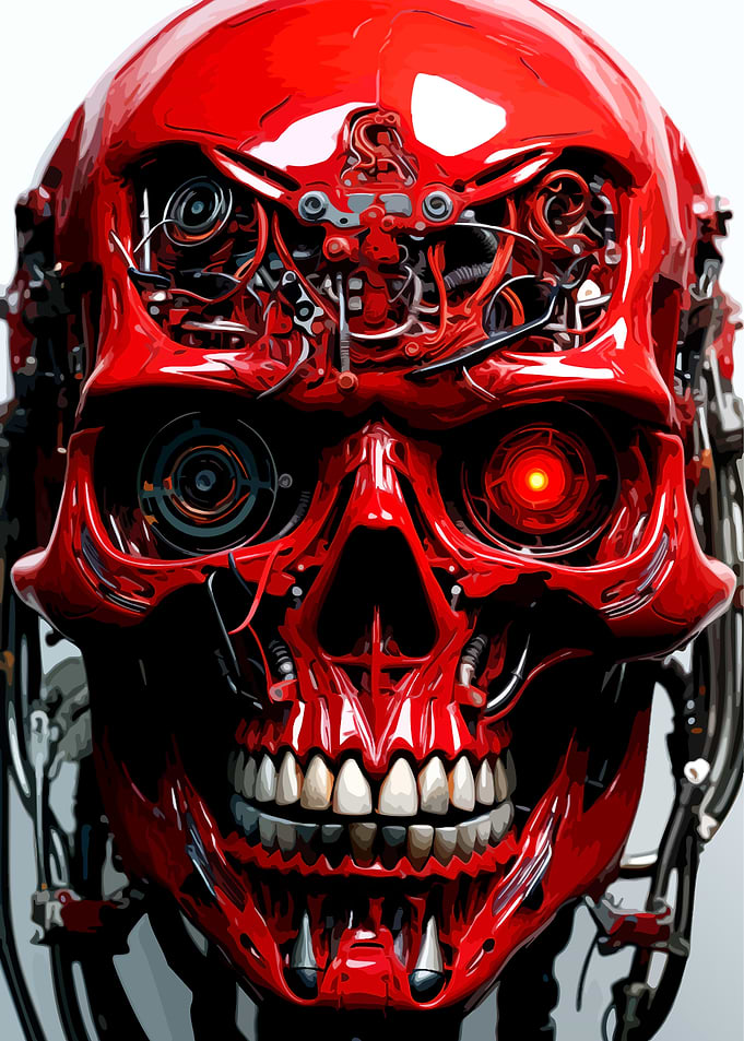 Red Mechanical Skull with Glowing Eye