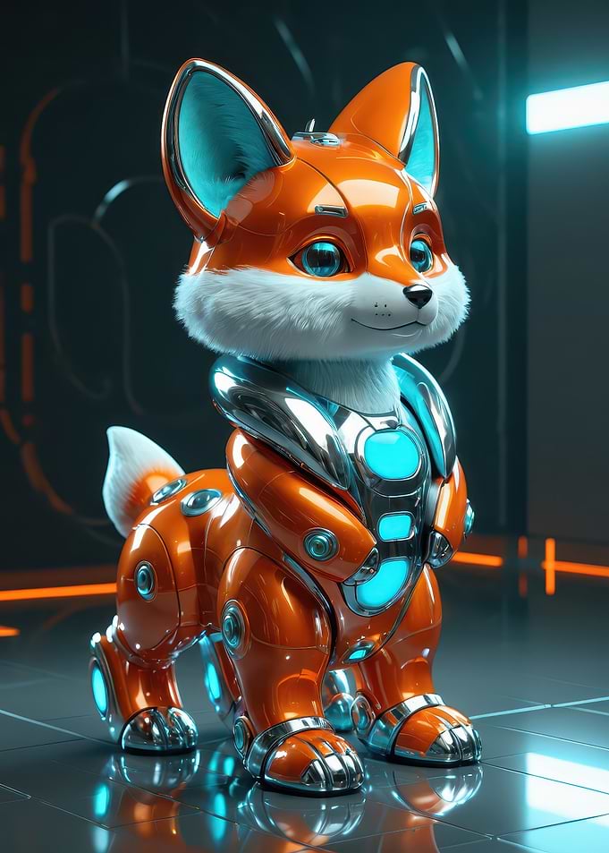 Cute Robotic Fox 3D Illustration — Orange & Cyan Cyber Pet