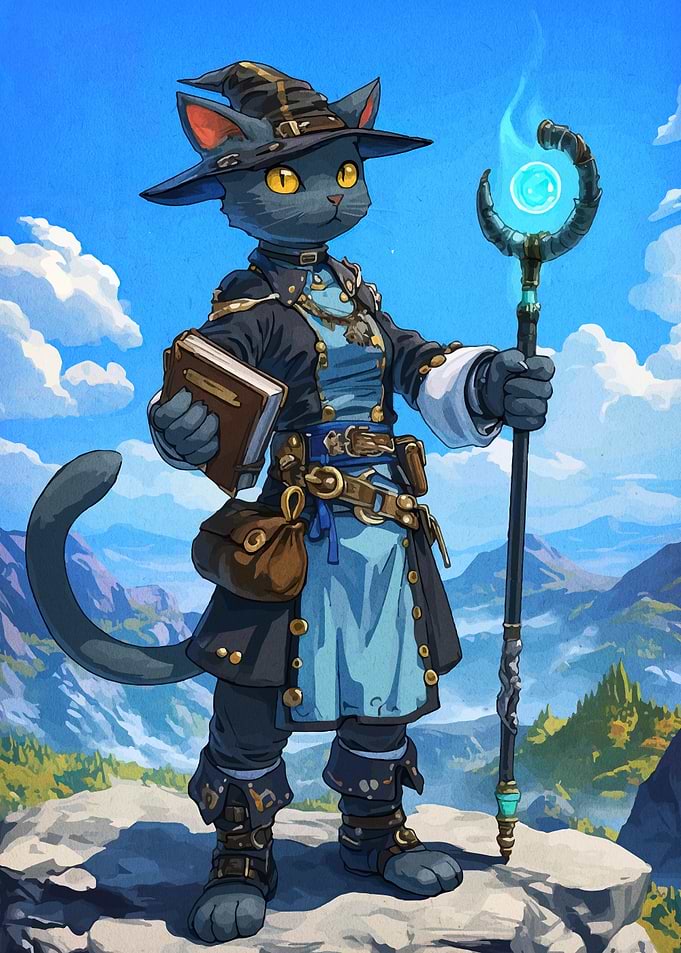 Cat Wizard with Staff and Book
