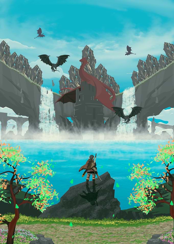 Fantasy Landscape with Dragons and Warrior