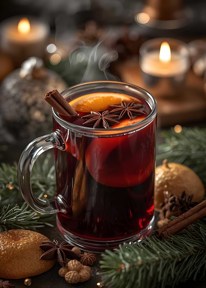 Steaming Mulled Wine with Festive Garnishes