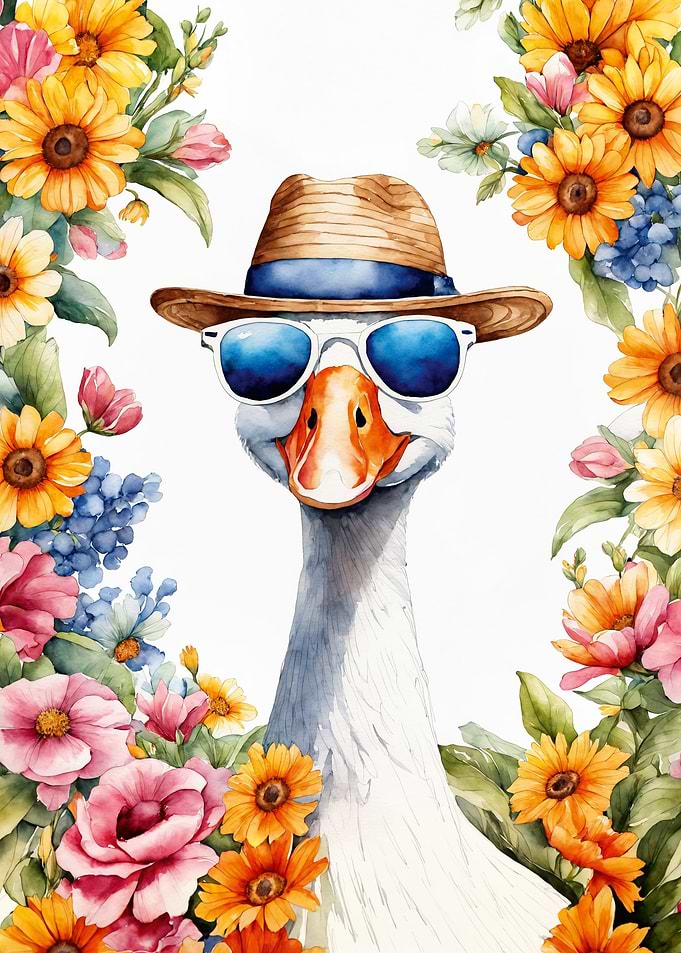 Duck with hat and sunglasses watercolor