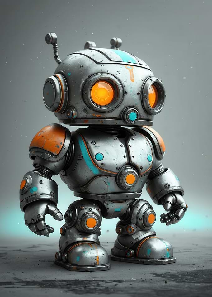 Adorable Retro-Futuristic Toy Robot — Metallic 3D Character with Orange Lights