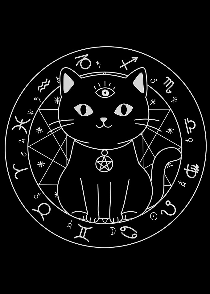Occult Black Cat with Zodiac Symbols