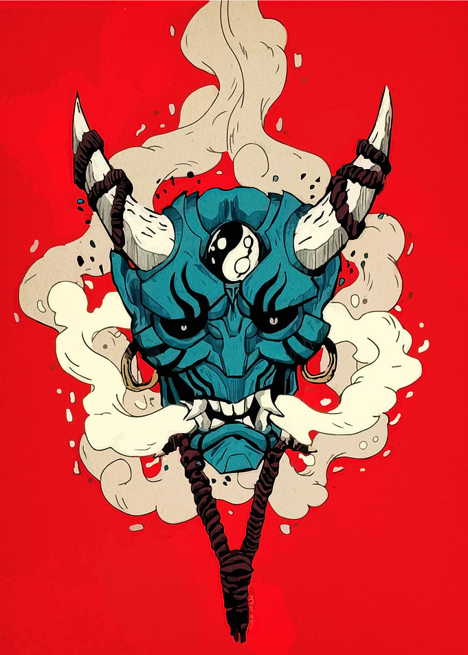 Blue Oni Mask with Yin Yang Symbol