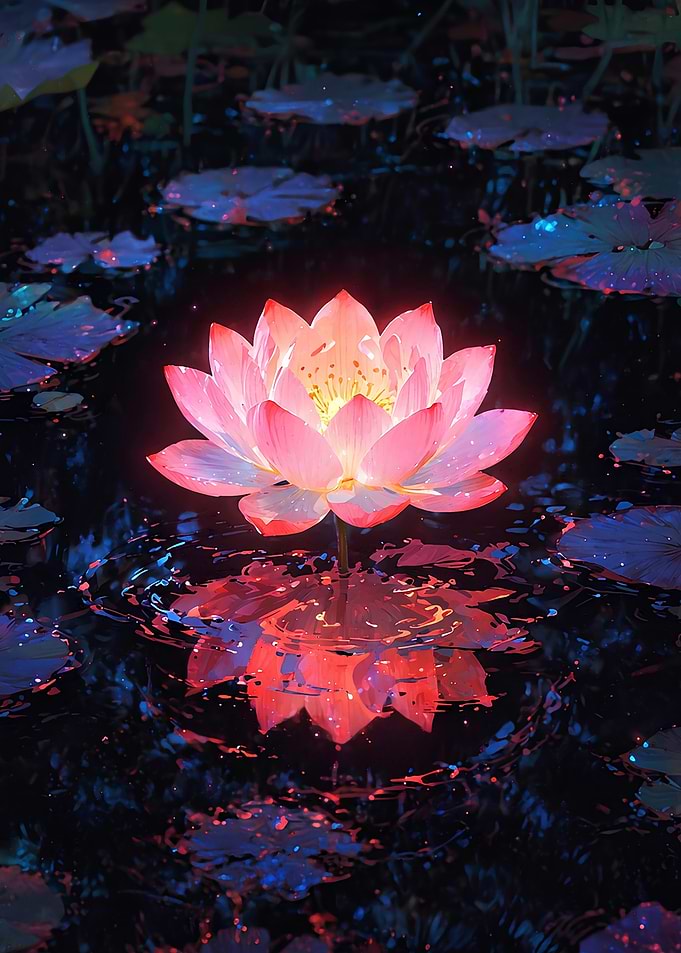 Glowing Pink Lotus Flower in Pond