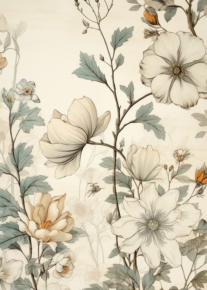 Floral Botanical Teal Sketch