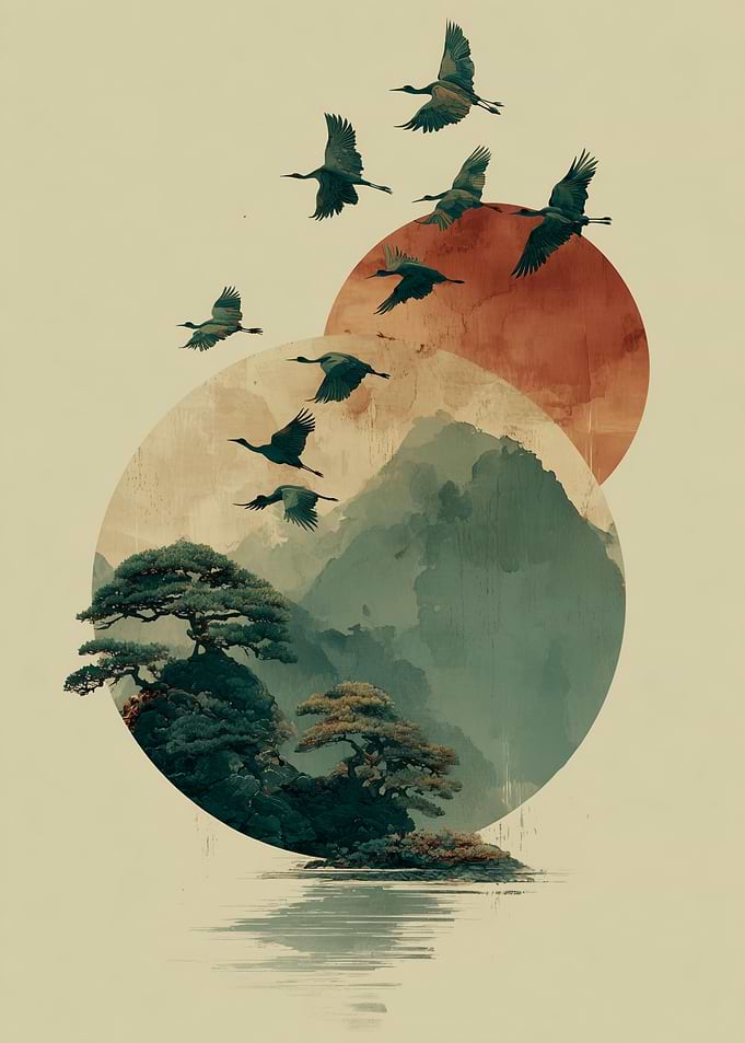 Japanese Landscape with Cranes and Sun