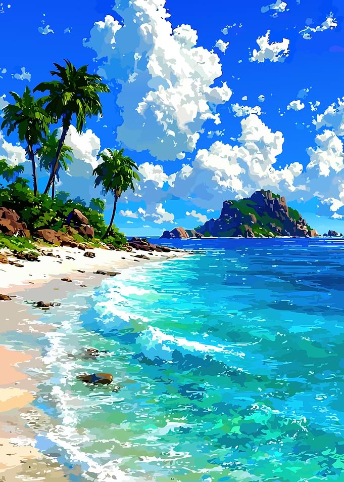 Tropical Beach Paradise with Island View