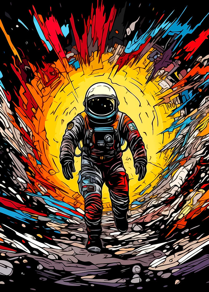 Astronaut Walking Through Abstract Space