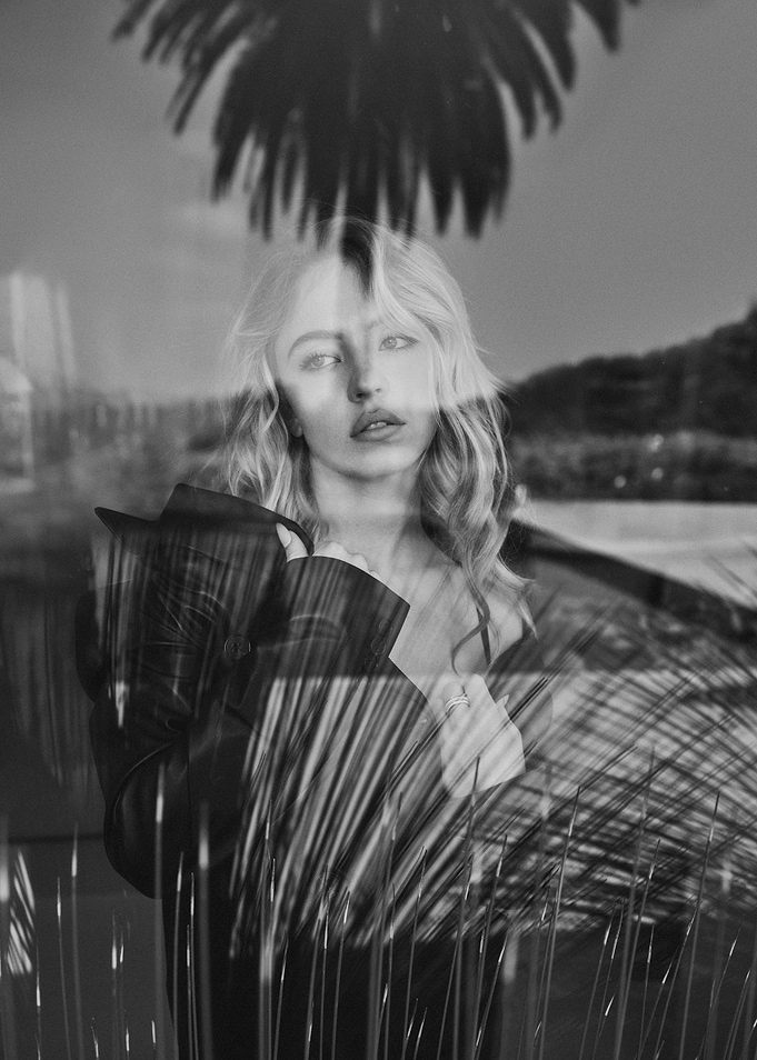 Black and White Portrait with Palm Trees