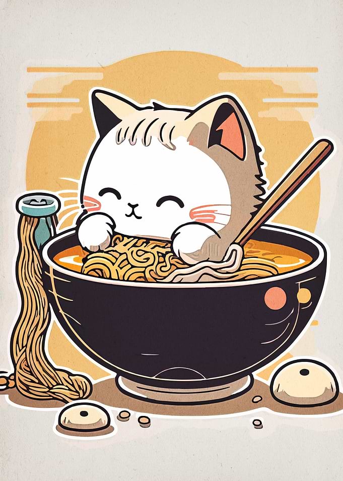 Cute Cat Eating Ramen Illustration