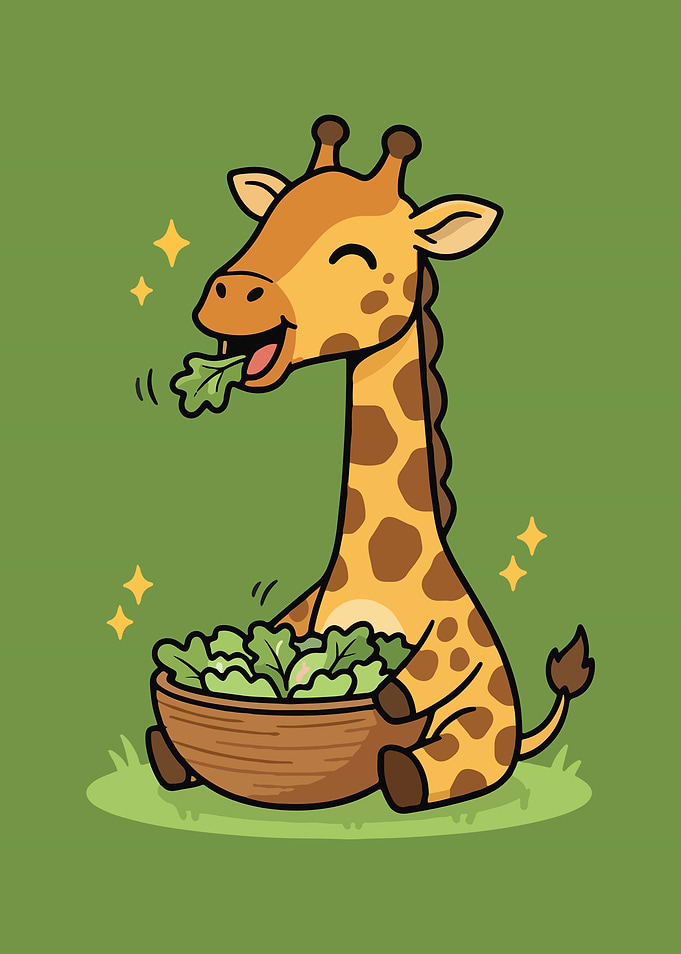 Cartoon Giraffe Eating Salad Illustration