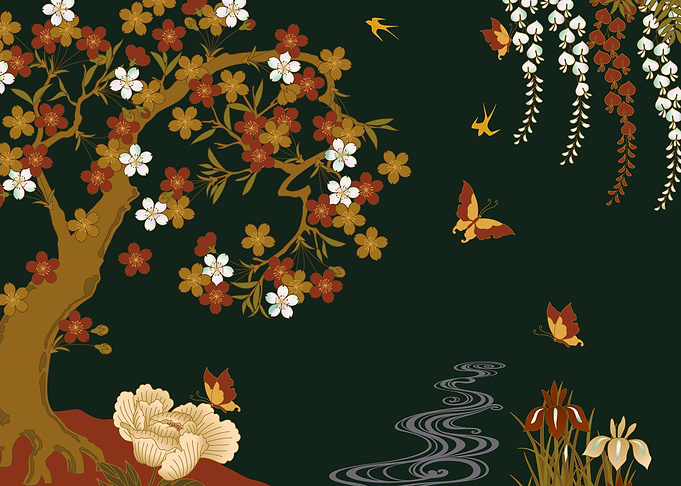 Gold Spring Floral Cherry Blossom River Night