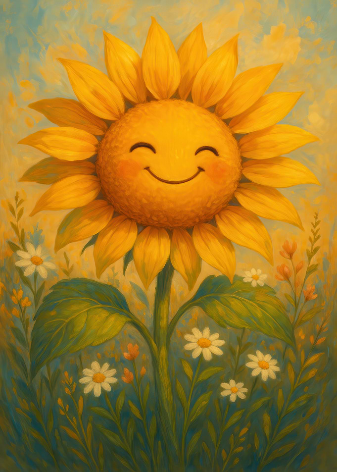 Smiling Sunflower in a Field of Daisies