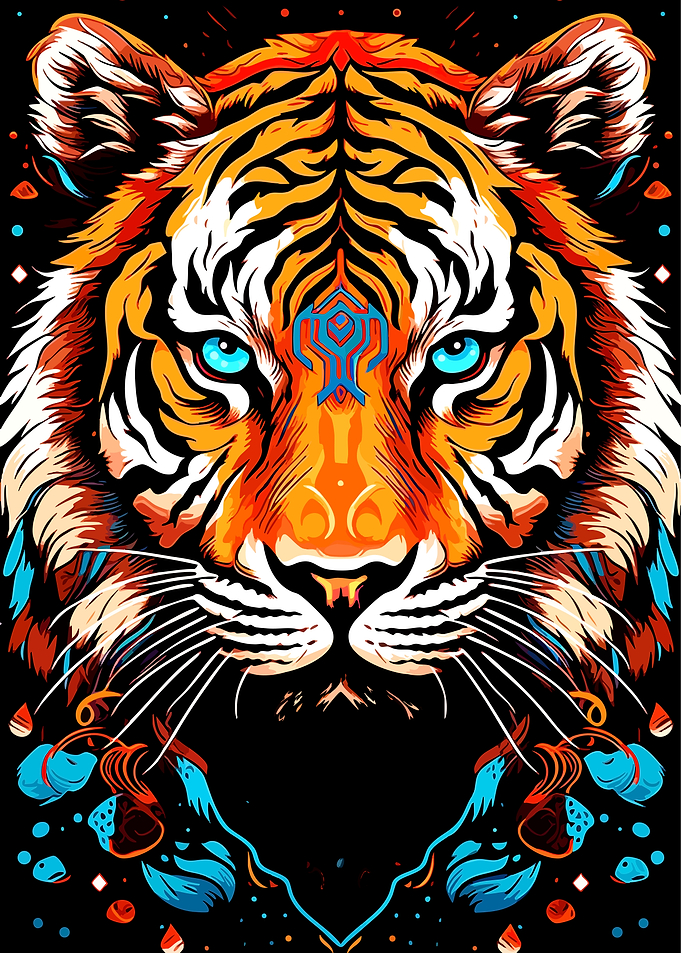 Vibrant Tiger Portrait with Tribal Symbol