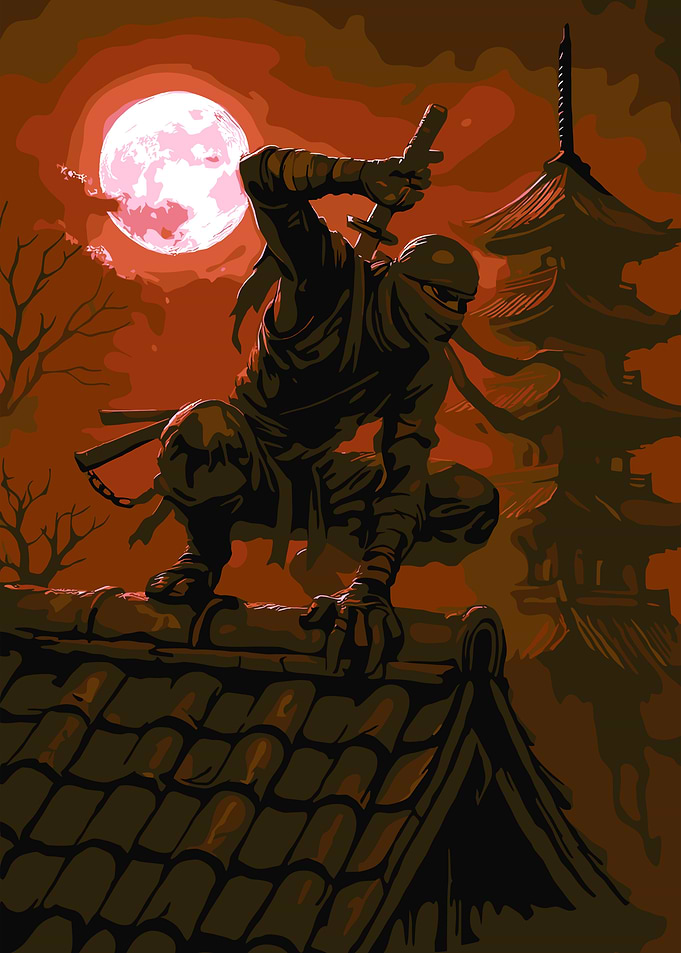 Ninja on Rooftop under Full Moon
