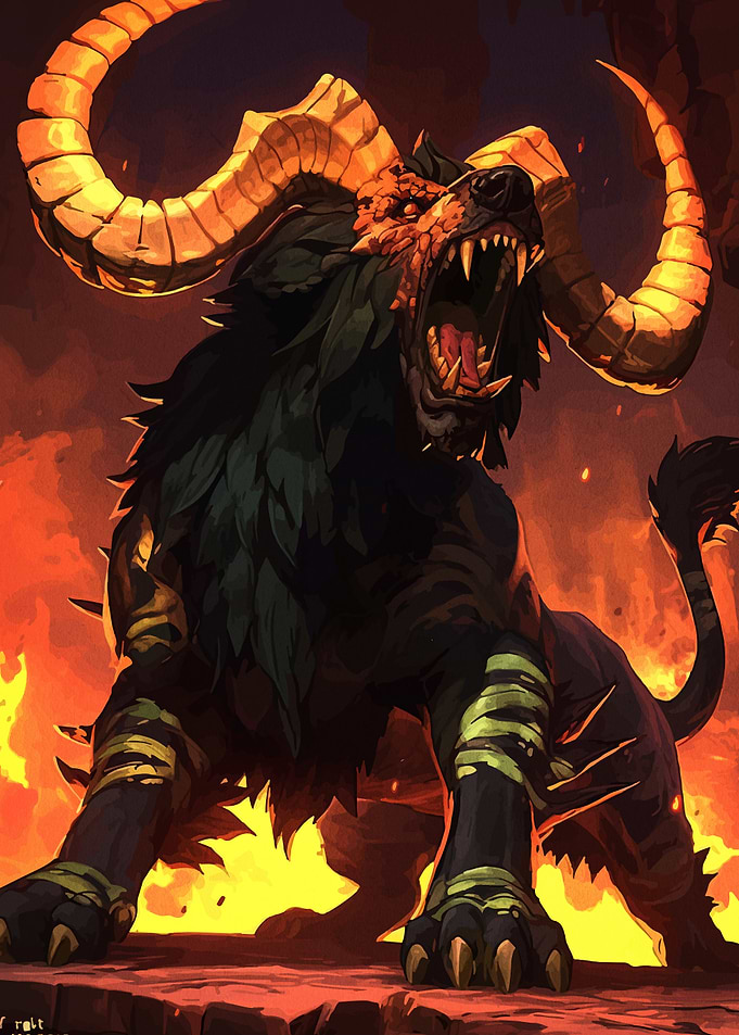 Horned Lion Beast in Fiery Landscape