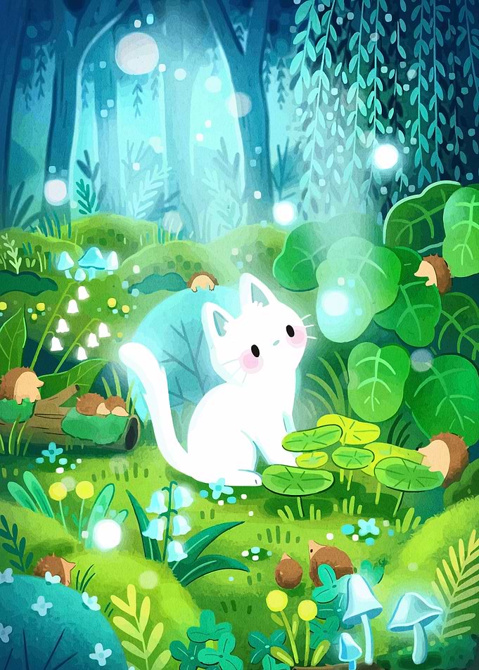 Enchanted Forest Cat and Hedgehogs