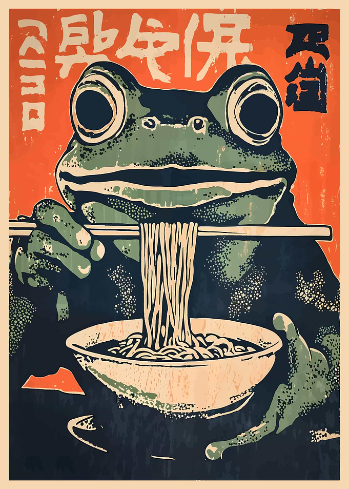 Frog Eating Noodles Japanese Art