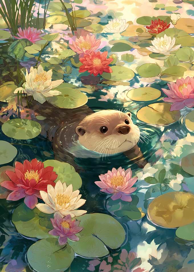 Otter in Lily Pond