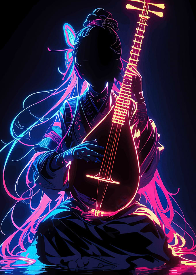 Neon Asian Musician with Stringed Instrument