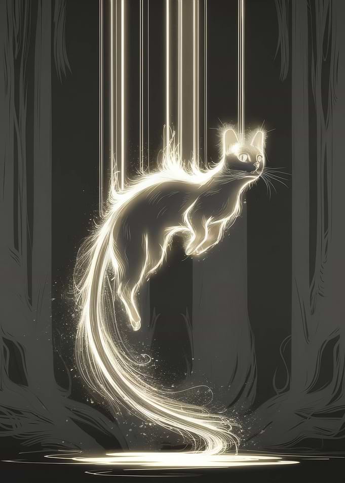 Glowing Cat in Dark Forest
