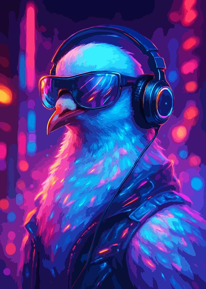 Cyberpunk Pigeon with Headphones and Sunglasses