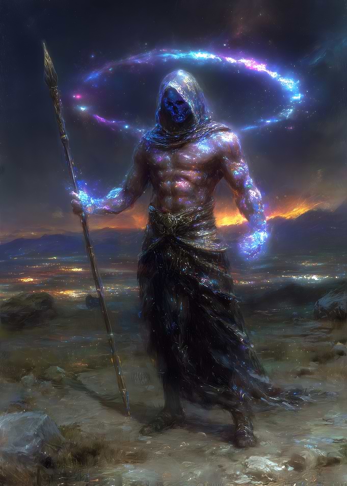Mystical Hooded Figure with Spear