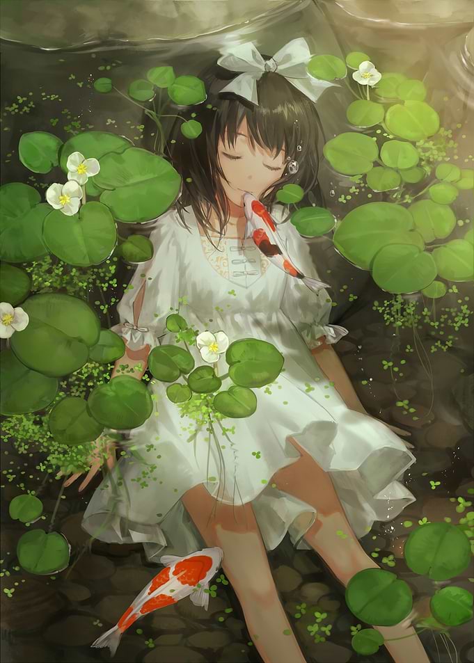 Anime Girl with Koi Fish in Pond