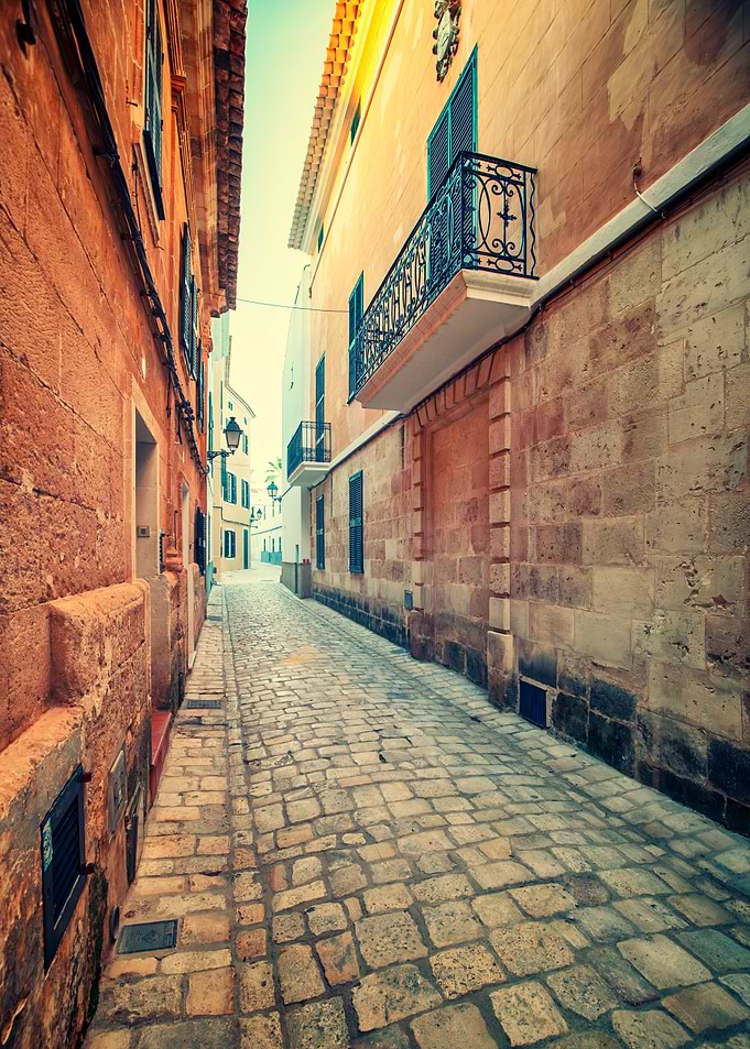 Narrow European Street with Stone Pavement, Menorca