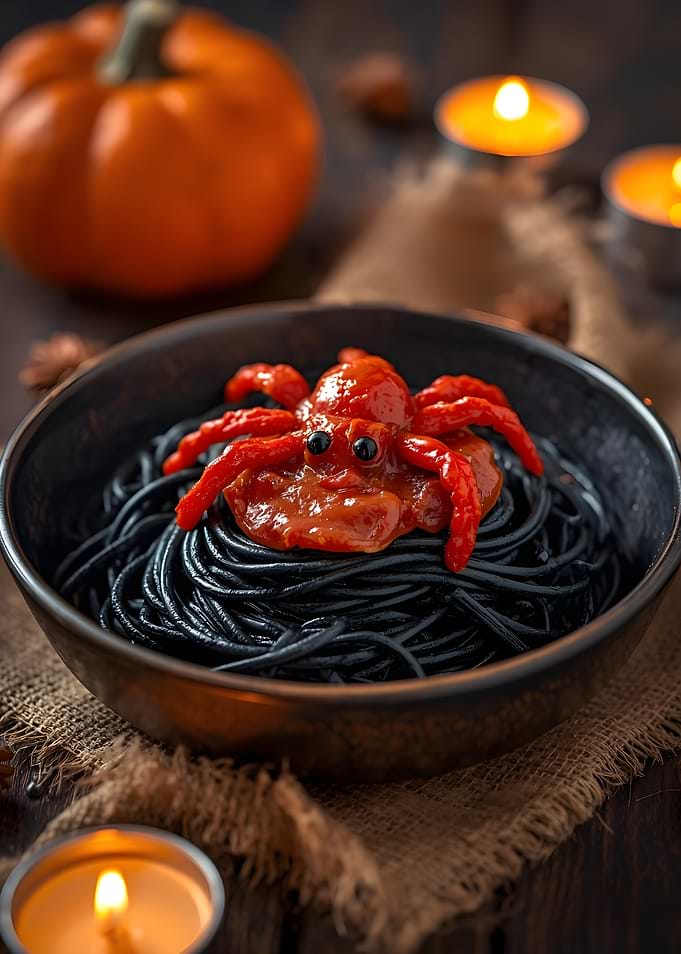 Halloween Pasta with Spider Decoration