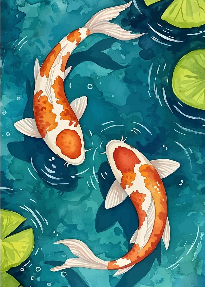 Watercolor Koi Fish Pond Illustration