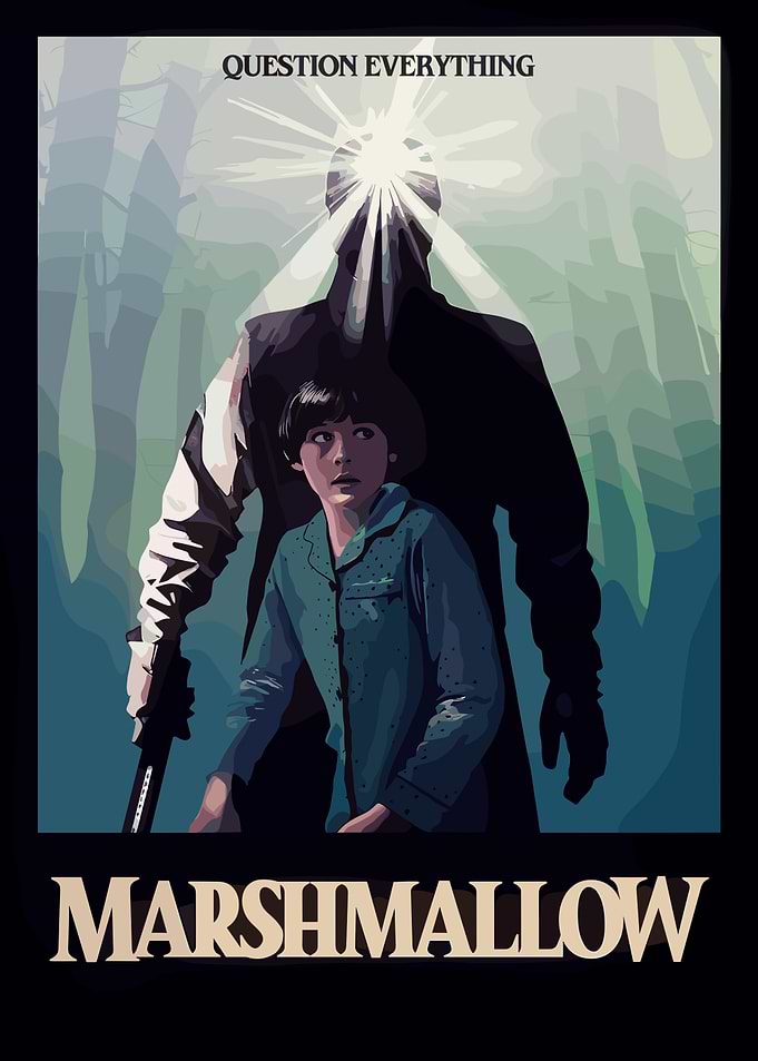 Marshmallow poster with boy and figure