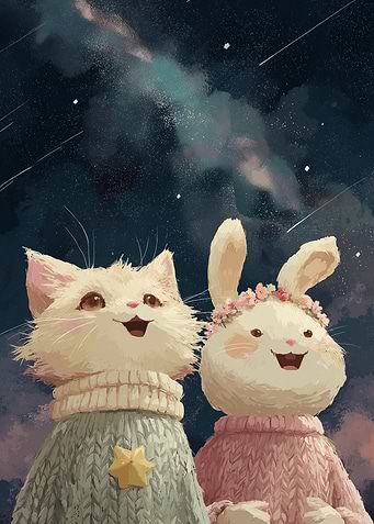 Cat and Rabbit Under Starry Sky