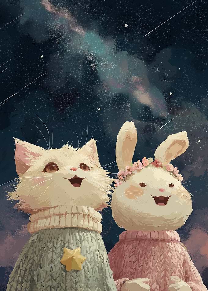 Cat and Rabbit Under Starry Sky