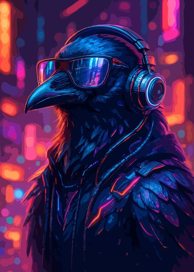Cyberpunk Black Raven with Headphones and Glasses