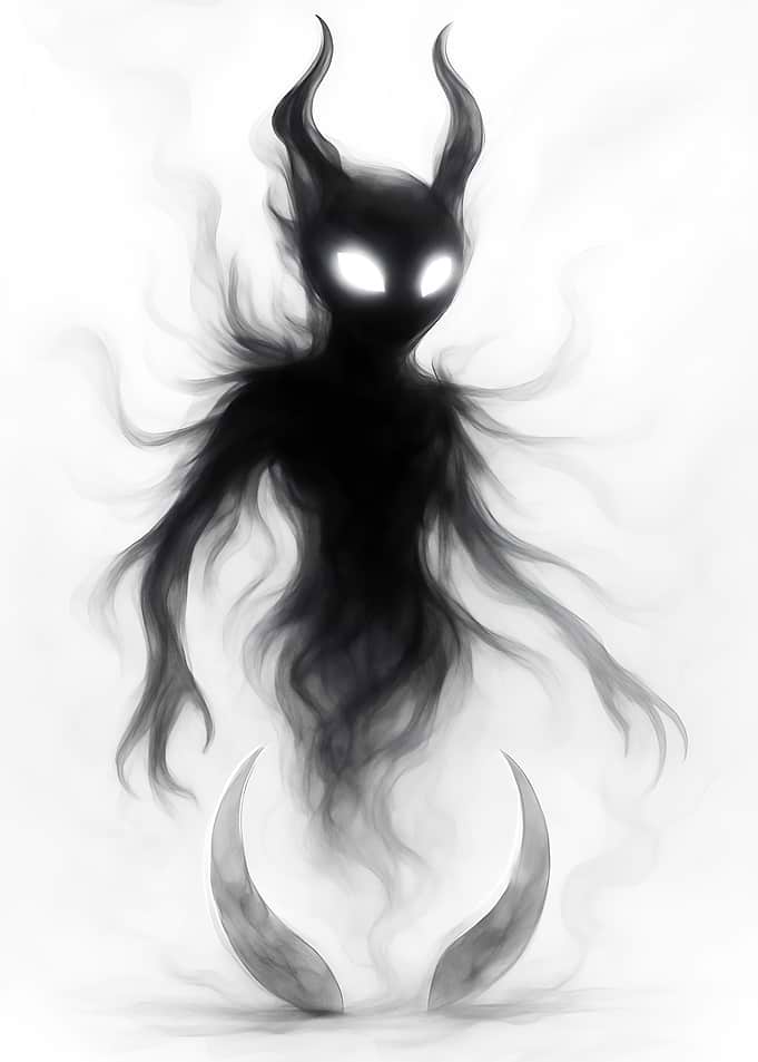 Shadowy Figure with Horns and Glowing Eyes