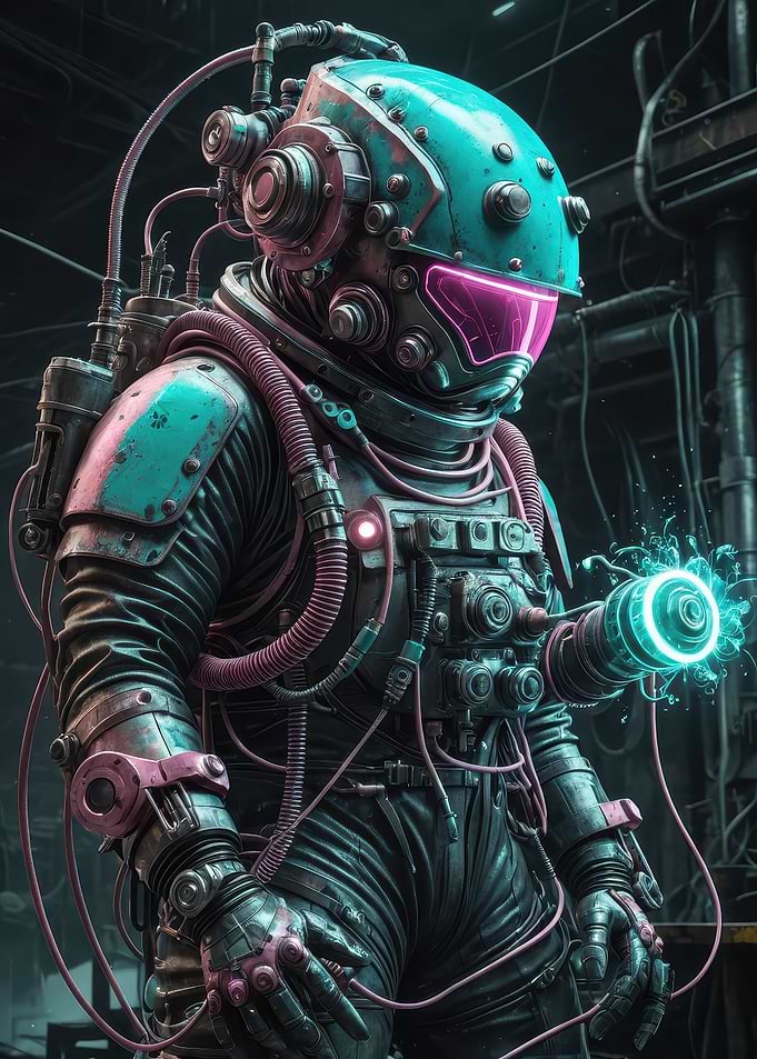 Neon Diver — Cybernetic Deep-Space Suit Illustration