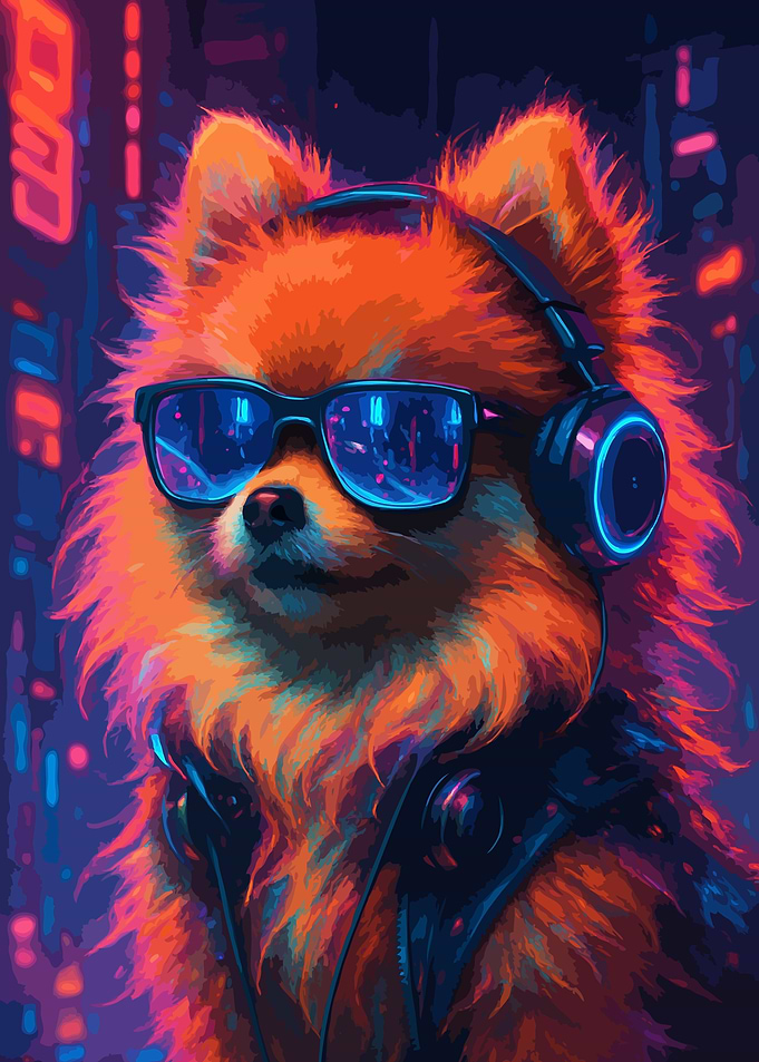 Cyberpunk Orange Dog with Headphones and Glasses