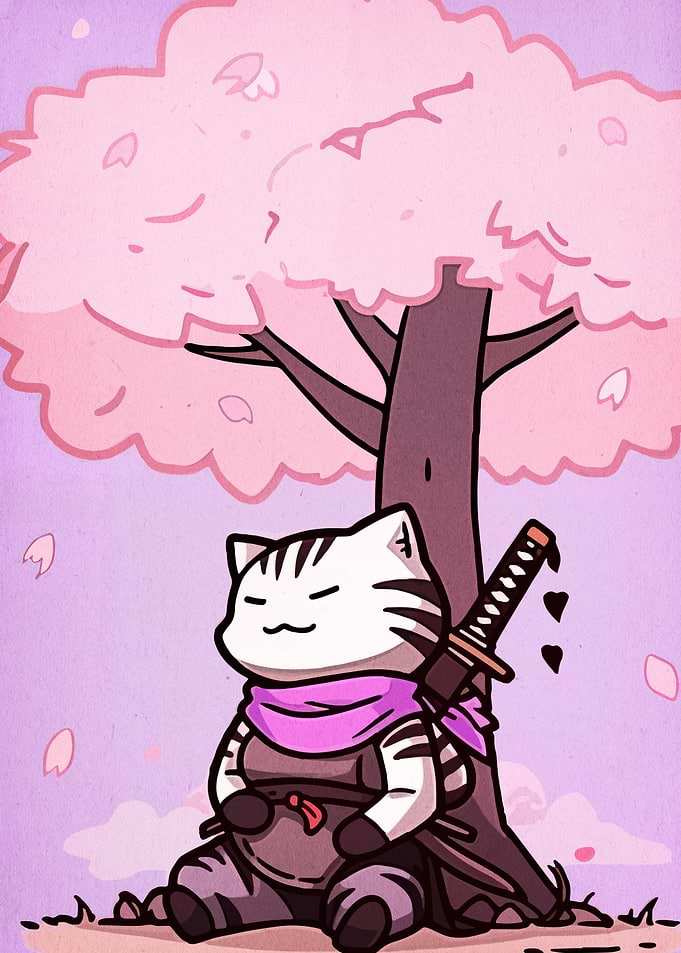 Ninja Cat Under Cherry Blossom Tree