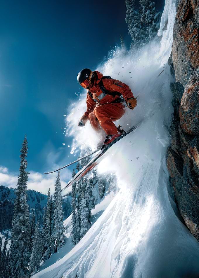 Skier in Action on Snowy Mountain