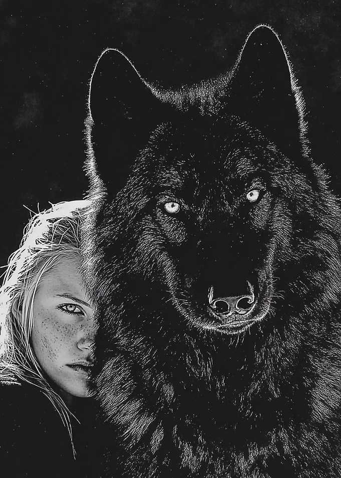 Girl and Wolf Black and White